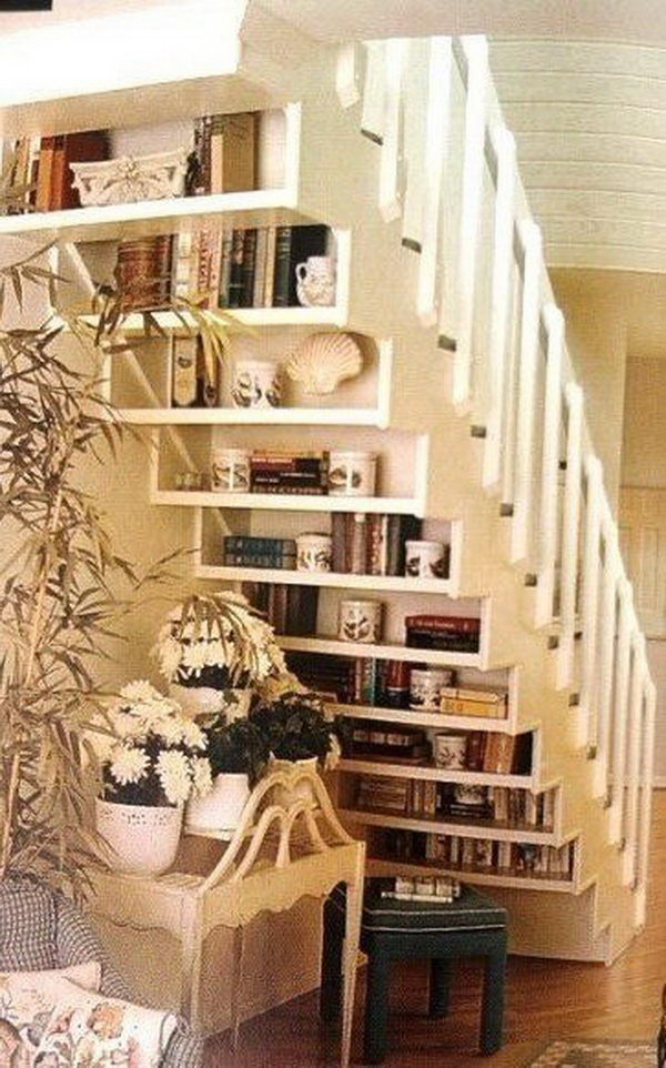 basement storage under stair shelving space clever saving stairs shelves diy stairway creative floor staircase idea shelf bookcase bookshelves cool