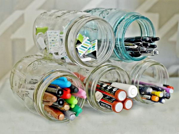Mason Jar Organization. Creatively organized home office boosts your mood and make you more productive. 