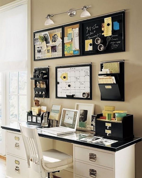 Orgainized on Wall. Creatively organized home office boosts your mood and make you more productive. 