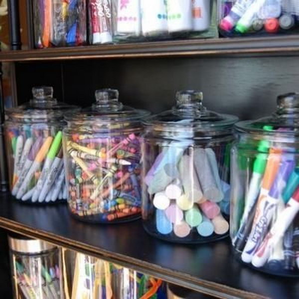 Art Supplies Organized with Mason Jars. Creatively organized home office boosts your mood and make you more productive. 