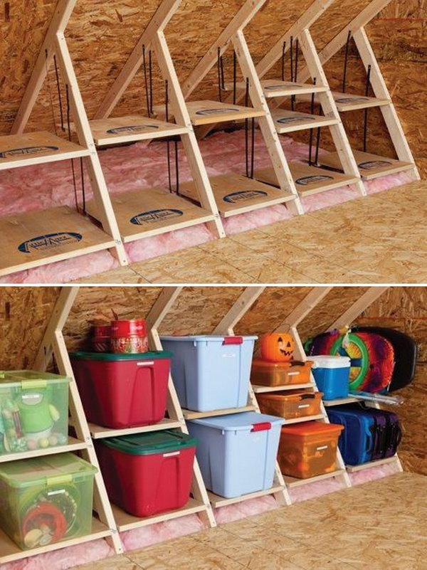 DIY Wooden Attic Shelves. By using the structures in the attic room 