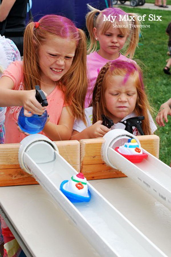 Boat races with water squirters. Easy project for poolside fun. The 