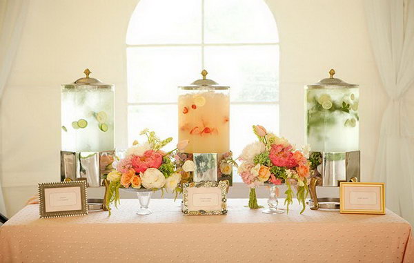 Water Drink Station. Give guests a quick cool down for the summer party reception with this water station. Add stylish water dispensers with fanciful favors such as lemon, cucumber, lime, mint and strawberry for flesh flavor. 