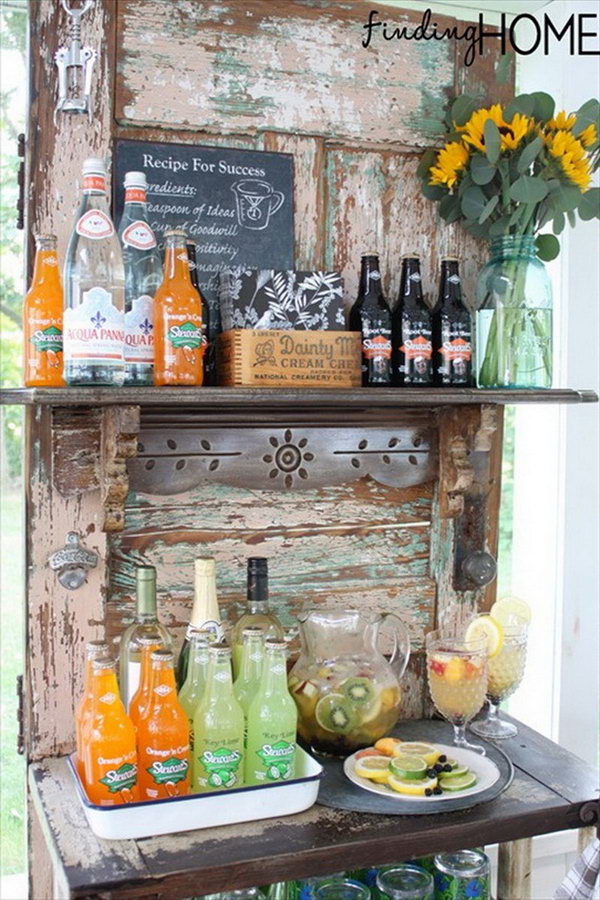 Vintage Door Beverage Bar Station. This idea works perfectly with limited space to serve drinks for the whole crowd. 