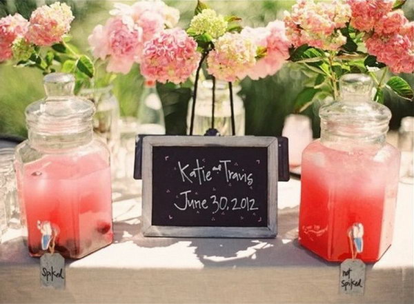 Pretty Pink Drink Station. I really appreciate this pink drink station for its chalkboard, exquisite labels, fresh flowers as well as rosy hydration beverage for a sweet romantic style. 