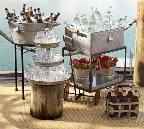 Mix and Match Drink Station. Create this mix and match drink station with galvanized tiered stands, tubs and a rolling cart. Serve them with wine bottles, mason jars. 