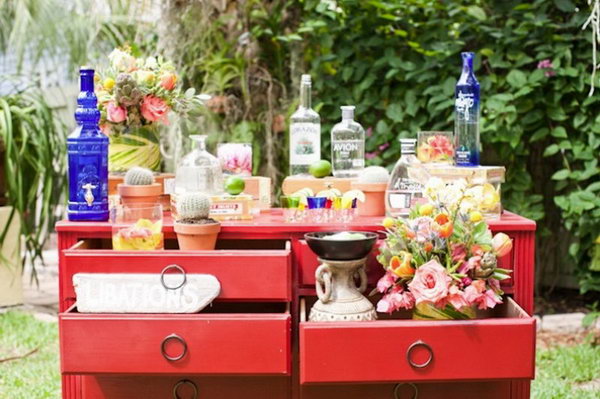 Vintage Drawer Drink Station. Create custom tequila tasting station with this vintage chest of drawers. You can also add up some tiny plants or flower vases for beautiful decor. 