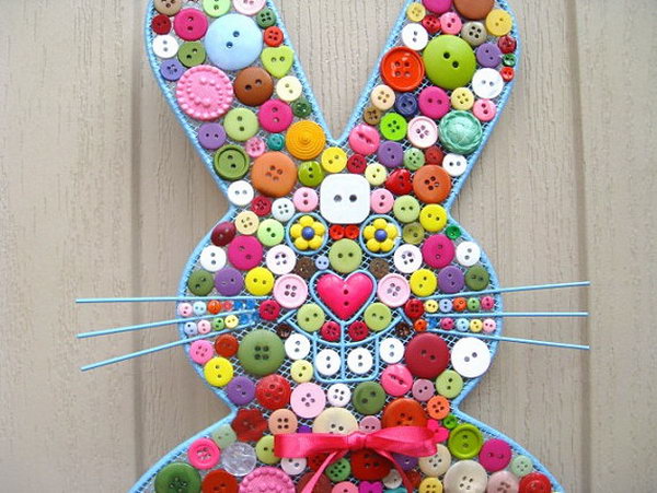 Easter Bunny Button Decoration. This button bunny is covered with buttons of various colors in different sizes and shapes, it really goes for the spring Easter decoration selection. 