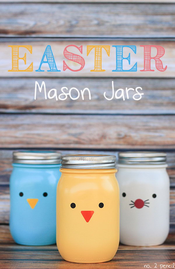 Cute Easter Mason Jar Crafts. These little Easter mason jars with bright colors are easy to make and can be used as vases or candy jars. Spray paint to mason jars and adhere vinyl to them, you can also draw some cute expressions. 