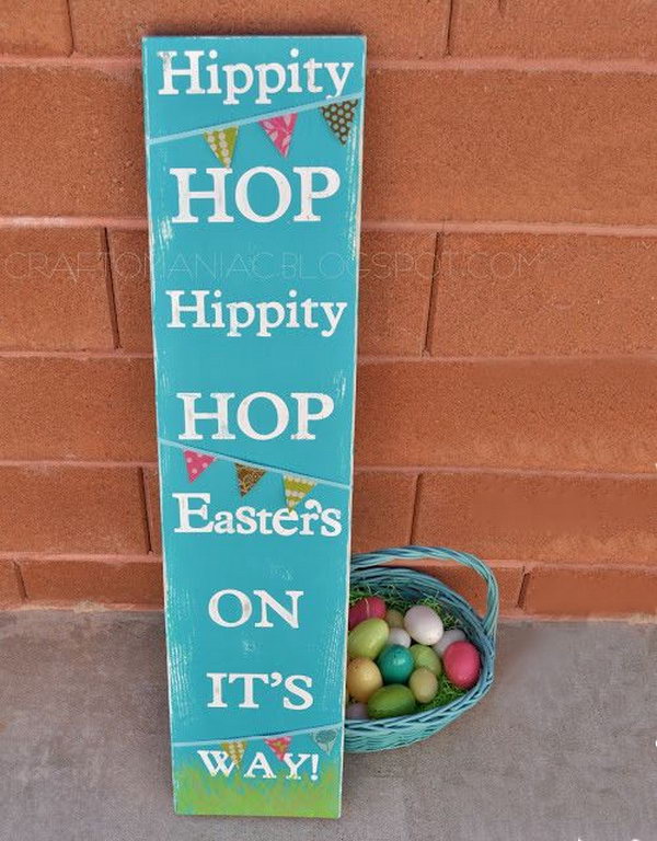 Easter Subway Art sign. Paint the long board with acrylic paint, tape the words onto the board and glue the cute pennant at the right place of the board. It’s done with 3 simple processes. Try to DIY this cool subway design for your Easter decoration. 
