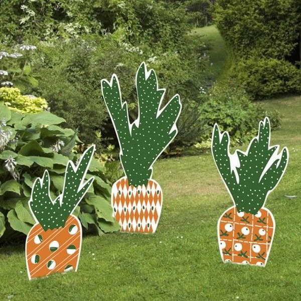 Carrot Easter Yard Sign Set. When it comes to the element of Easter decorations, you may think about bunny and Easter eggs. These Easter carrot yard signs and stakes gives off a new look for Easter decoration. They are fade resistant and can last from bad weather. 