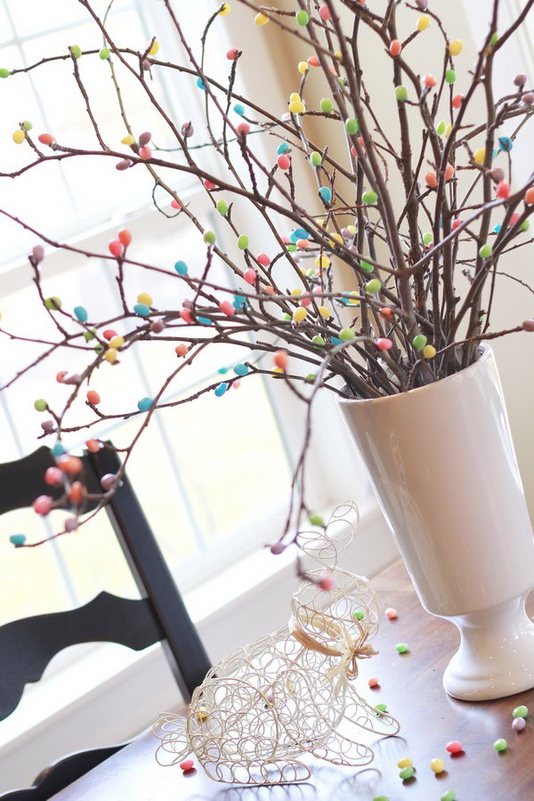 Jelly Bean Tree. Make the best use of the cute jelly beans and some branches. You can DIY this colorful jelly bean tree for the Easter. The best advantage is that you can keep this amazing decoration for the entire year. 