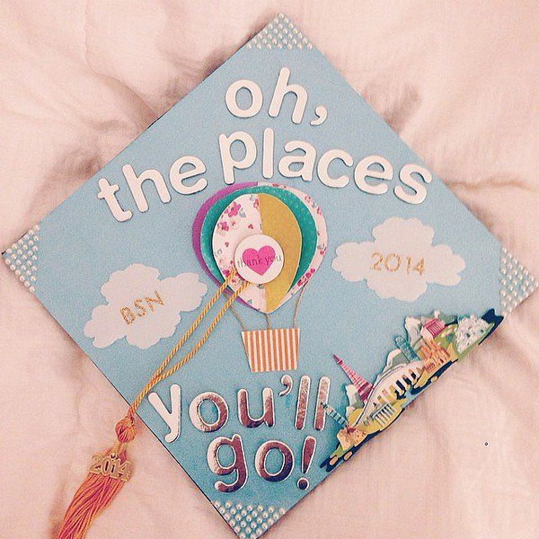 Hot Air Balloon Graduation Cap. Glue layers of colorful patterned heart shaped cardstocks to create the sweet hot air balloon image. Add up some shining characters and beadings to finish off its beauty in a travelling style.
