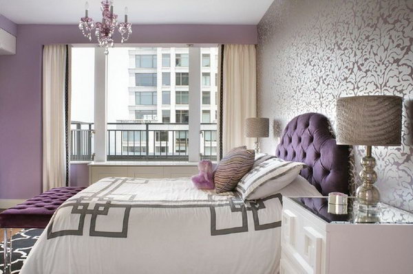 bedroom purple floral bedrooms walls bedspread valerie grant interiors pattern adults hative designs contrast stands rug too