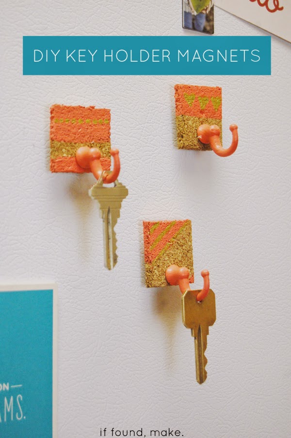 Fridge Magnet Key Holder. Glue and glue gun, magnets, flexible cork, masking tape, paint, and key hooks are all you need to create this project. Check out for more instructions 