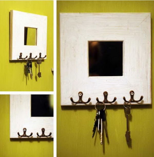 Mirror Key Holder. Make use of a small mirror to change the old and boring look of a wood board key holder. Now you can enjoy a beautiful mirror in your hallway combined with a functional key holder. See tutorials 