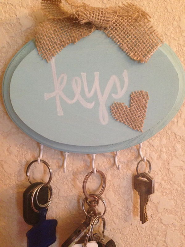 Shabby Chic Handmade Key Holder. A traditional and nautical piece with aquamarine paint, white plastic hooks, burlap heart and burlap bow decorated on top and 'Keys' written in white! It is an addition to your chic, rustic or even beach home. See more 