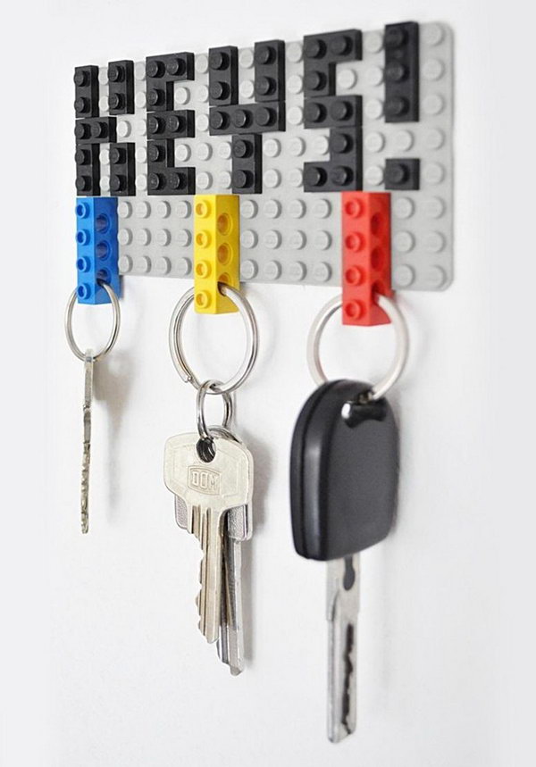 Lego Key Holder. This is one of the simplest and also coolest DIY key holders I've seen so far. All you need are a couple of Lego pieces to create your own customizable Lego key holder with an amazing visual effect. See more details 