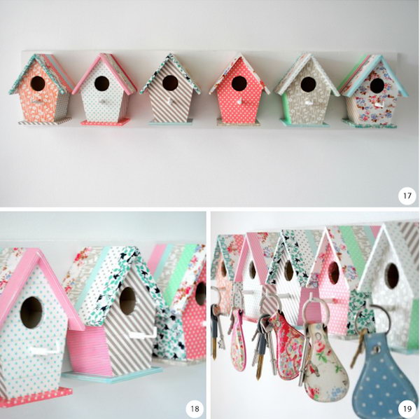 Unusual Bird House Key Holder. If you want to add more girl touch to you key holder, you are right here. This key holder looks so pretty colored with a sweet touch. The bird houses are covered in masking tape with various patterns and colors. It looks great near the front door. Get tutorials 