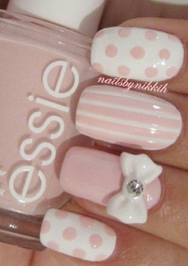 Pale Pink Nail Designs with Stripes, Polka Dots and Bows.