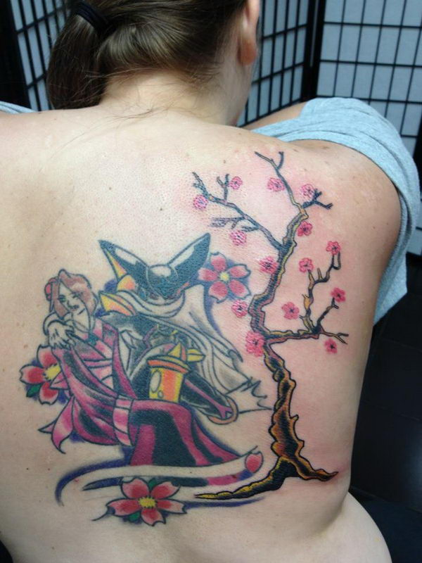 Cute Bird On Cherry Blossom Tree Tattoo On Man Upper Back