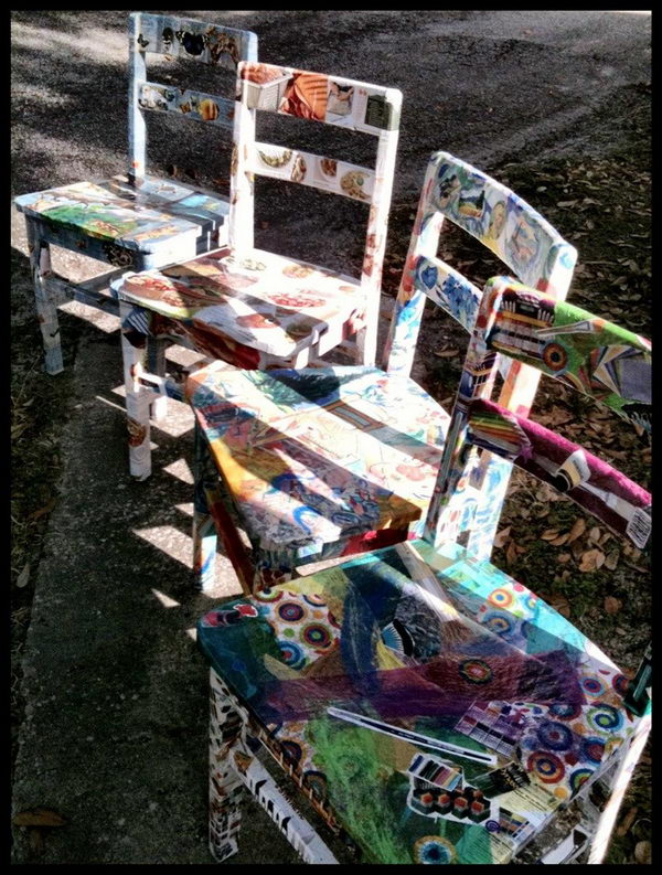 Recycled Wooden Chairs Collaged. Cute school fundraising idea for the silent auction at Brookshire Elementary School's fundraiser.