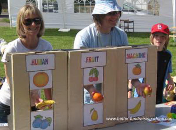 Human Fruit Machine Fundraising Idea. Fruits are randomly pulled from a box or sack by the stallholder. If the fruits match there will be a prize.