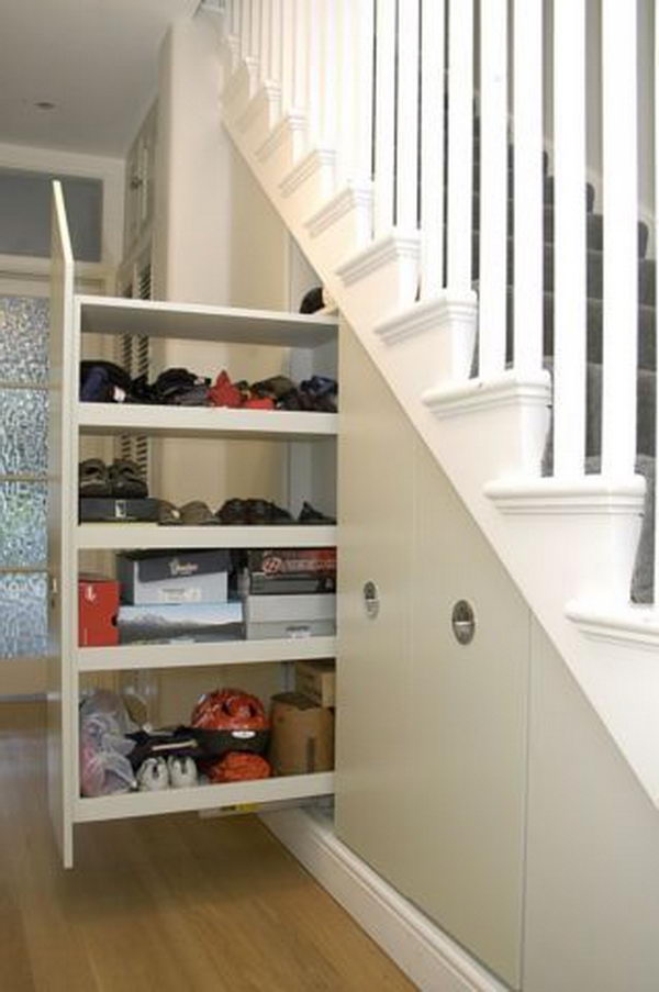 Added some storage shelves under the basement stairs and t…