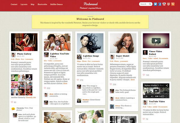 Pinboard features an auto stacking layout with infinite scroll as seen on the Pinterest desktop site. It also includes multisite integration which enables users can signup and post.