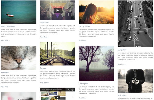 Brick + Mason: Premium Photography and Blog Theme. This theme utilizes infinite scrolling so users don’t have to leave the page to experience all your talent. It also uses the jQuery masonry plugin so the content will fit any browser size.