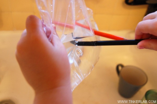 Magical Plastic Bag Experiment for Kids. When the sharp pencil pokes through the bag, the stretchy plastic hugs around the pencil, creating a watertight seal around the pencil…and the bag doesn’t leak.