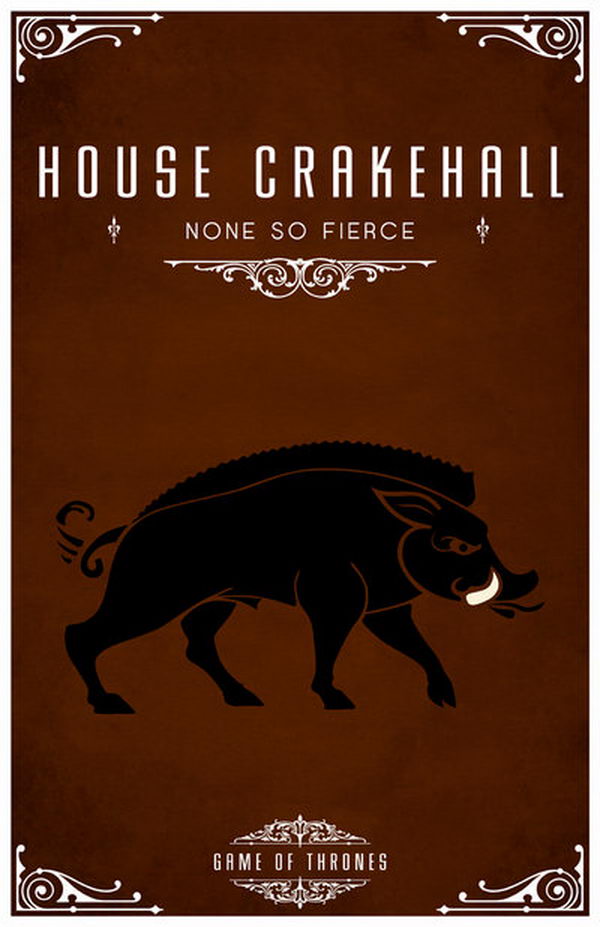 House Crakehall is a vassal house that holds fealty to House Lannister of Casterly Rock. The Crakehall sigil is a black and white brindled boar on brown. Their motto is