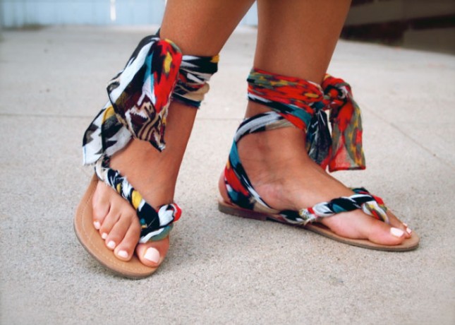 DIY Gladiator Wrap Sandals. Use ribbons to transform a pair of flip flops into a pair of tribal inspired gladiator sandals. 