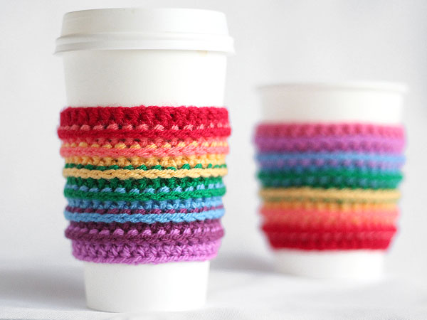 DIY crochet coffee cozy which keep coffee in cups warm while protecting fingers from the heat.