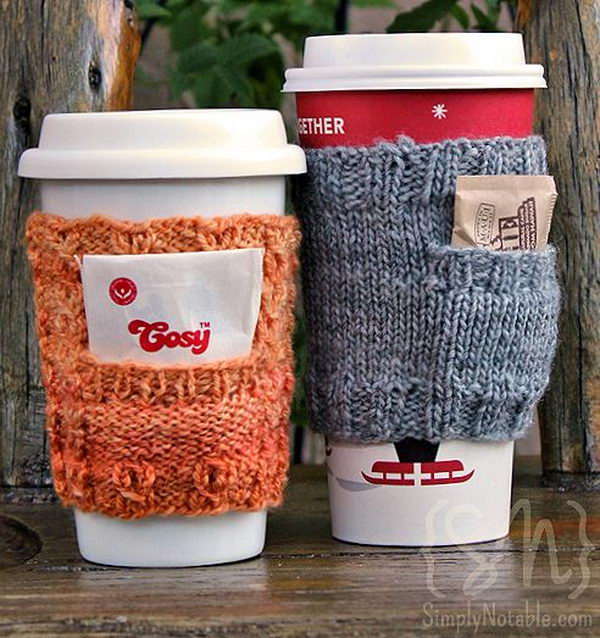 DIY crochet coffee cozy which keep coffee in cups warm while protecting fingers from the heat.