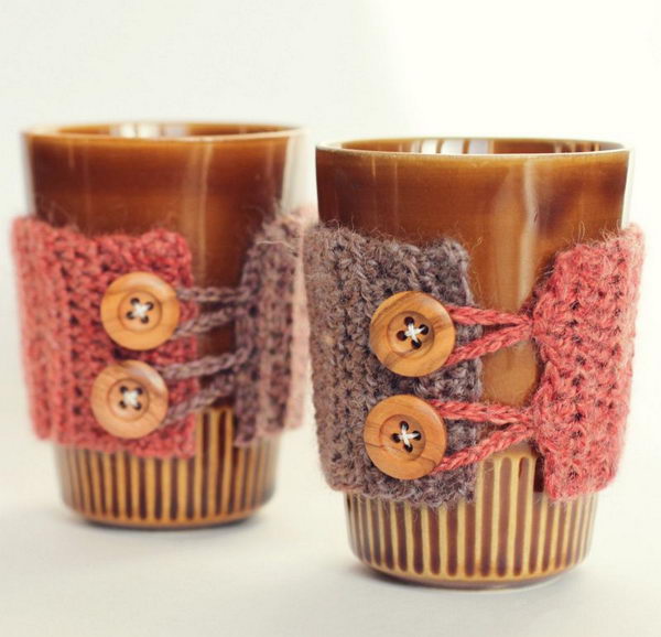 DIY crochet coffee cozy which keep coffee in cups warm while protecting fingers from the heat.