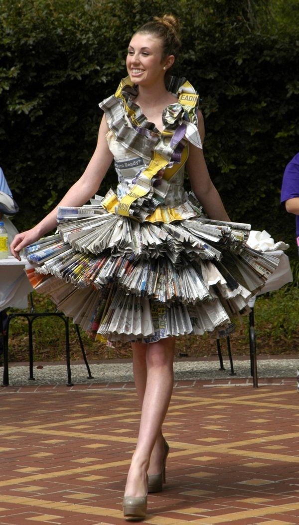 newspaper recycled dresses creative craft recycle paper trash clothes gown runway filters paint coffee won ripley money elegant formal kennedy