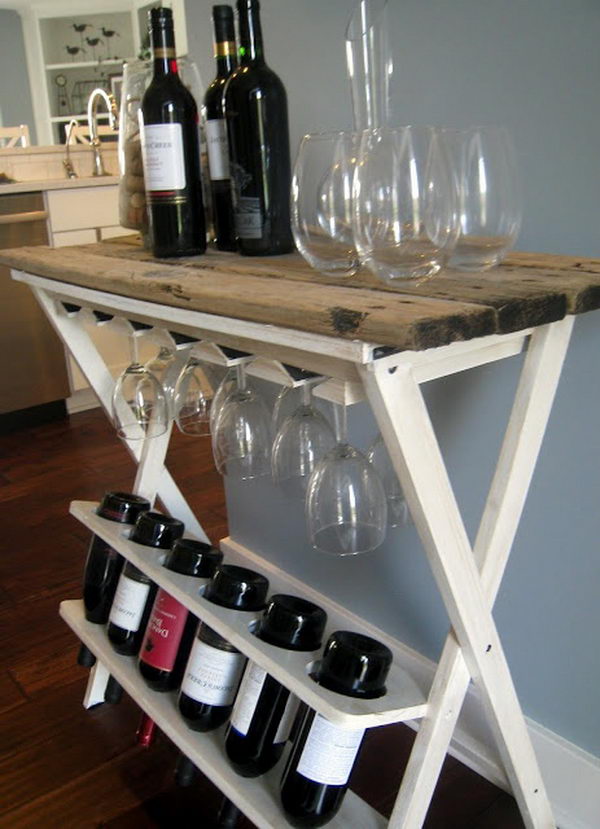 Wood Table Wine Dock Idea. Really fun to create and have an aesthetic appeal that applies to your unique home.