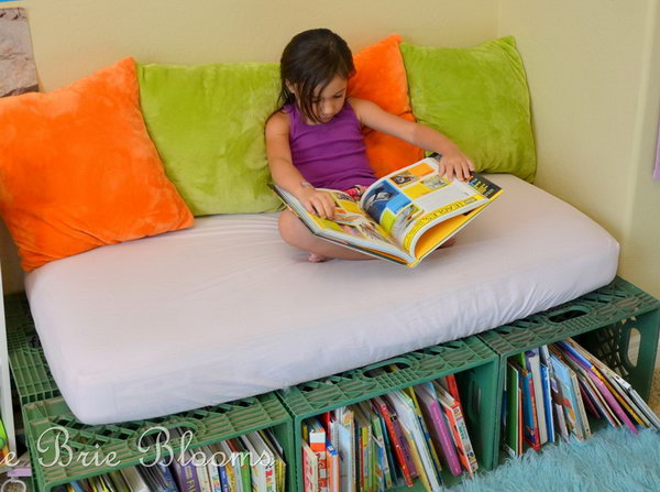 Milk crate book storage and reading bench.