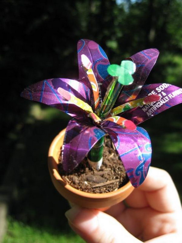 Soda can flowers. After drinking soda from aluminum cans, you can recycle your soda cans to create interesting projects instead of tossing the empty cans into the garbage or recycling bin.