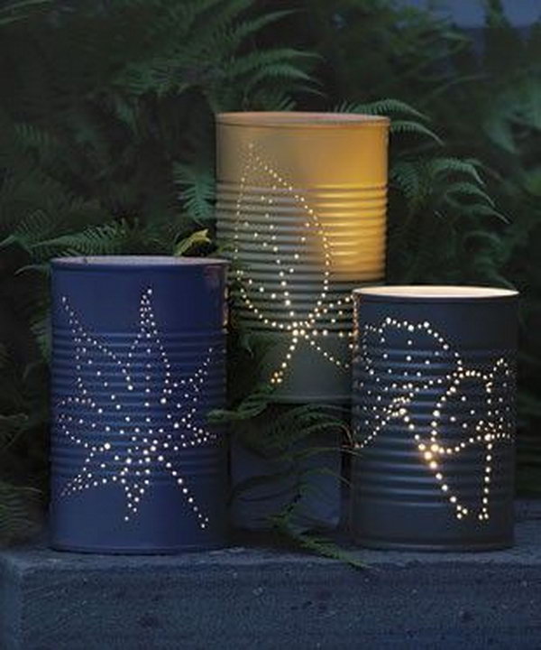 Tin can lanterns. Tin cans are not just for stacking up in your cabinet, tossing in the trash or sending to the recycle bin. Combine those with a rope, paints, craft papers and a generous helping of crazy imagination, and you will have a cool creation on your hands.