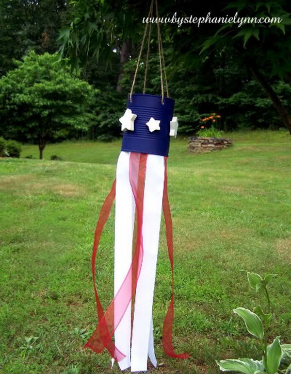 Tin can flag windsock for kids. Tin cans are not just for stacking up in your cabinet, tossing in the trash or sending to the recycle bin. Combine those with a rope, paints, craft papers and a generous helping of crazy imagination, and you will have a cool creation on your hands.