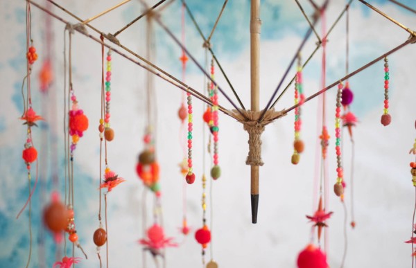 Chandeliers made out of old umbrellas.