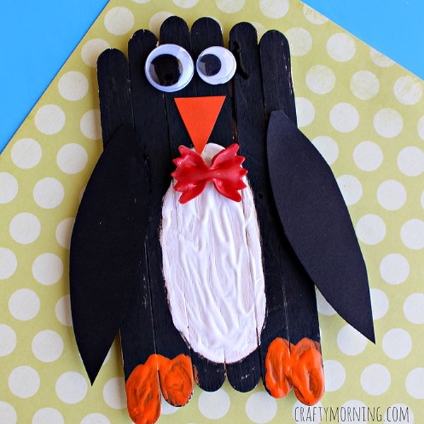 Make an adorable bow tie penguin craft with popsicle sticks. This would be a great winter art project for kids young or old.  