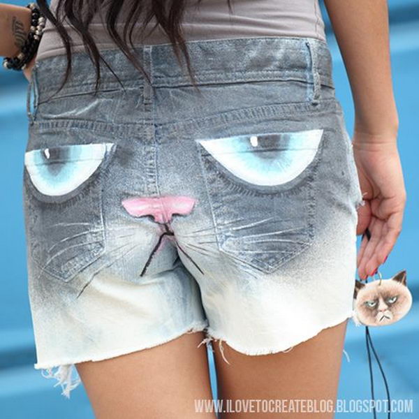 Grumpy Cat Jeans Shorts. Decorate your old shorts with colored ropes, wire, buttons or zippers, denim, sequins, silk and lace and what ever you like. It is fun and inspiring to make some creative shorts for yourself.