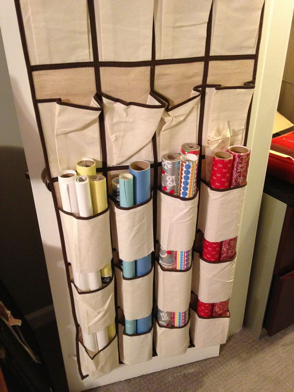 Cut the bottoms off the shoe pockets and use it as an organizer for wrapping paper.  