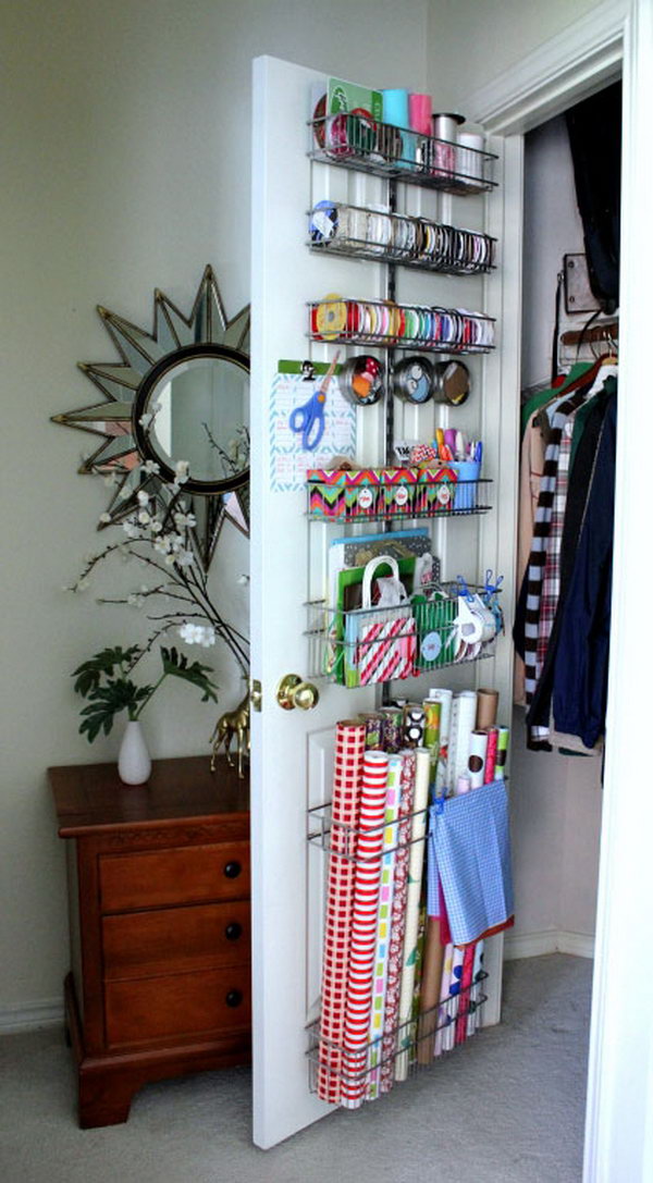 Vertical Wrapping Paper Storage from a Wood Counter Stool