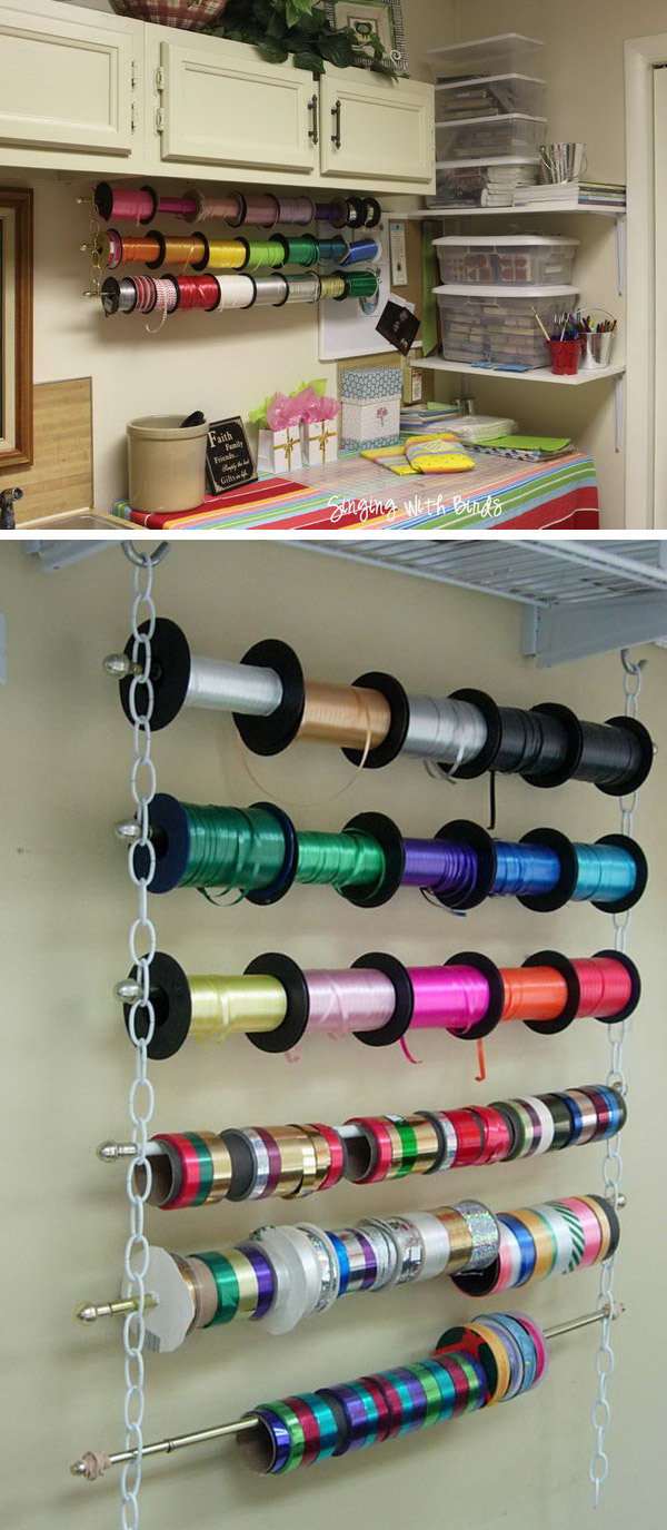 wrapping paper and ribbon storage