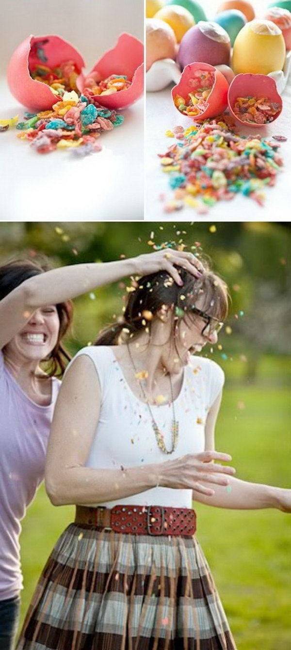 Glitter Confetti Eggs for Easter Party. These hollowed out Easter eggs are broken over the head of a friend, showering them with confetti and supposedly good luck.