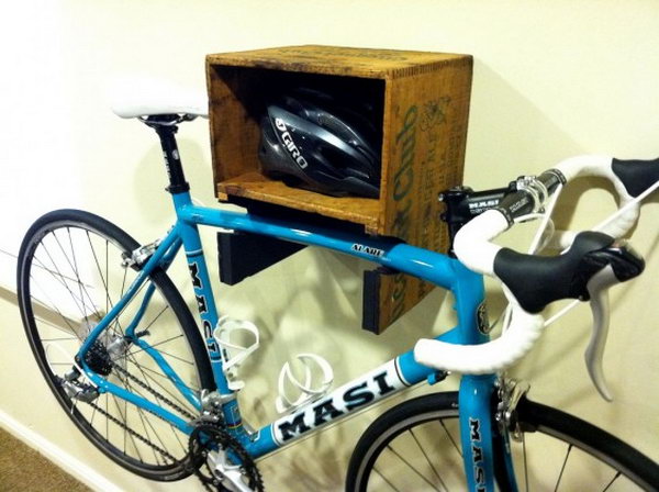 DIY Bike Shelf. Make a good-looking bike shelf with recycled wood crate, and keep the bike out of the way and easy to access. 